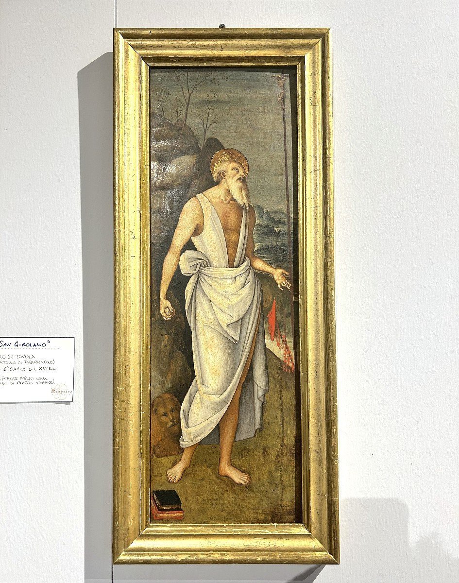 Saint Jérôme, huile sur bois attr. "Maître du Tondo de Greenville", élève toscan de P.Perugino.-photo-1