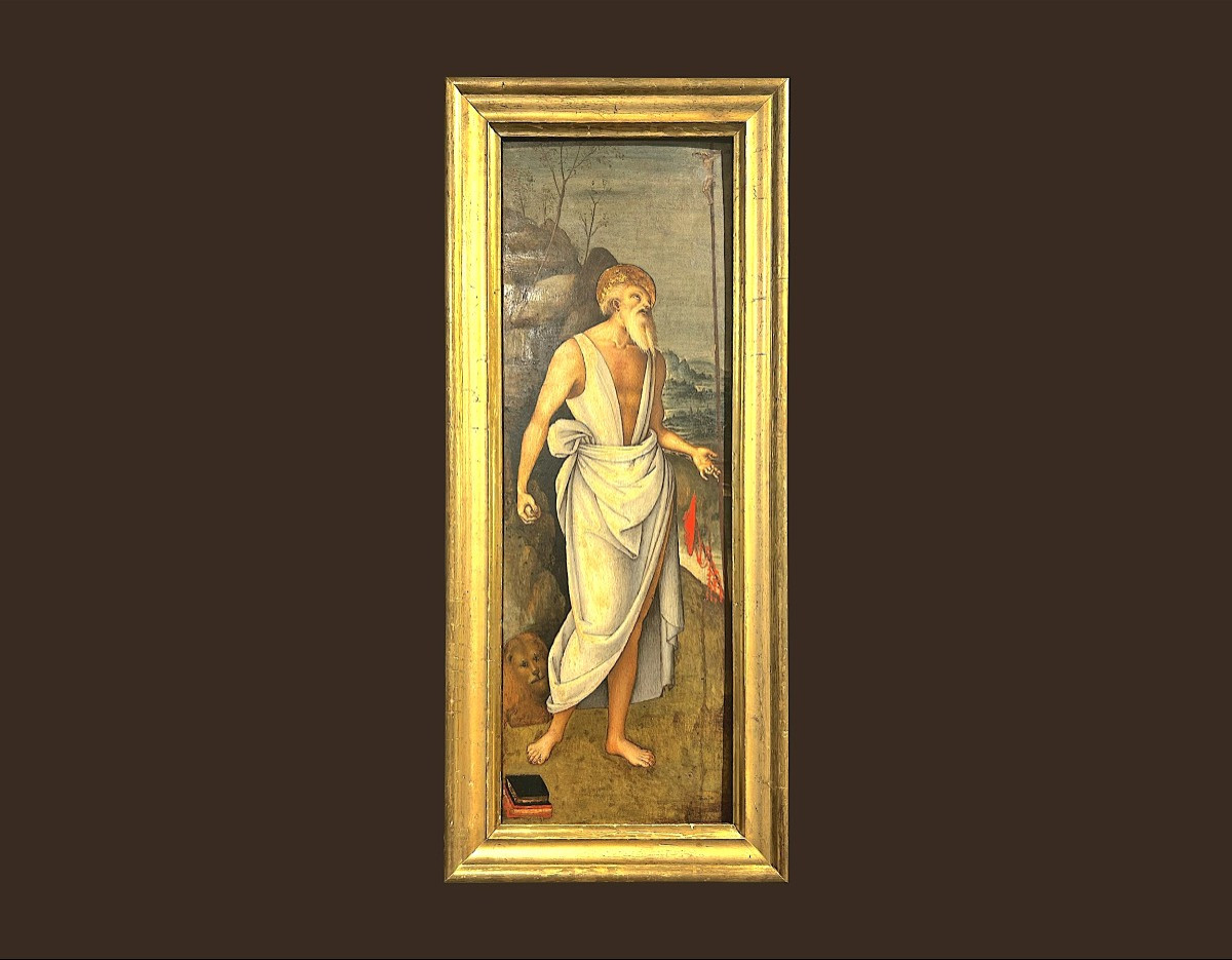 Saint Jérôme, huile sur bois attr. "Maître du Tondo de Greenville", élève toscan de P.Perugino.