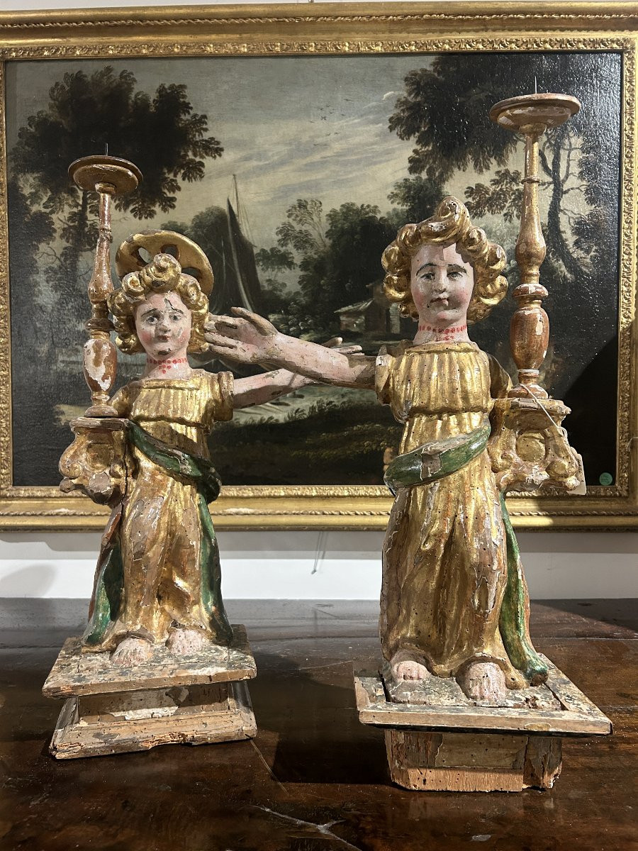 Rare Candle-bearing Angels Of Umbrian Culture From The Early 16th Century.-photo-2