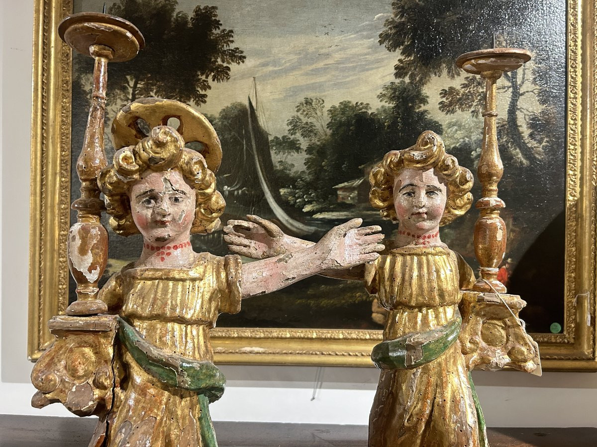 Rare Candle-bearing Angels Of Umbrian Culture From The Early 16th Century.-photo-2