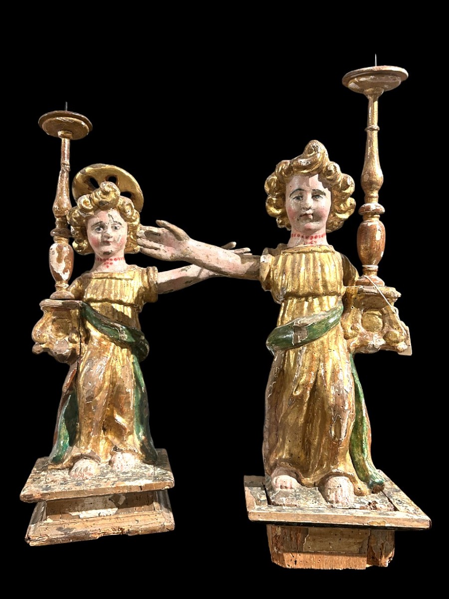 Rare Candle-bearing Angels Of Umbrian Culture From The Early 16th Century.