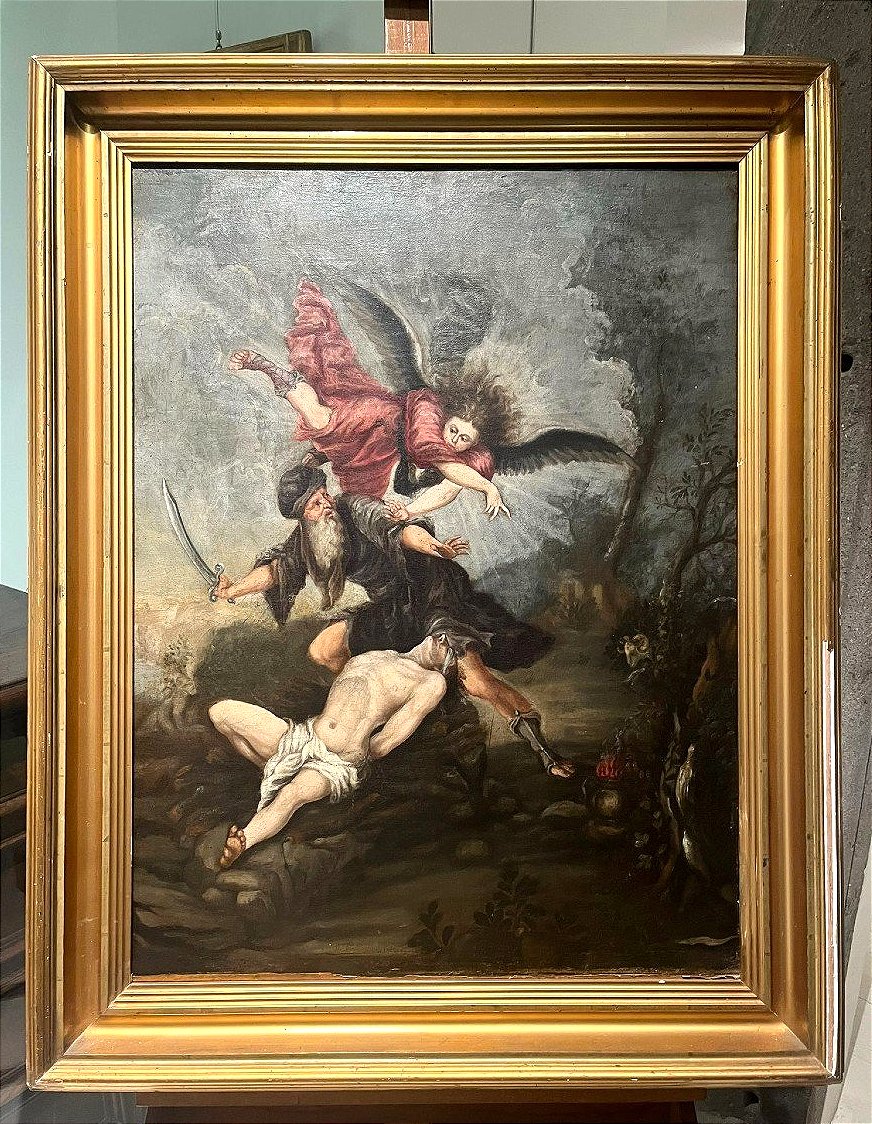 "sacrifice Of Isaac" - Oil On Canvas From The Tuscan School Of The Second Half Of 17th Century.-photo-2