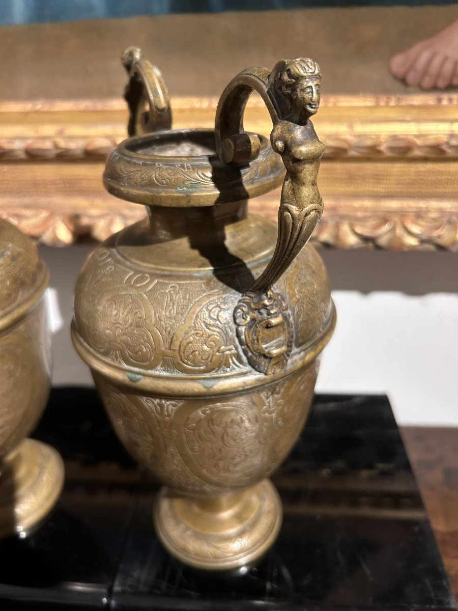 Pair Of Finely Engraved Bronze Vases. Venetian-saracenic Ateliers, 16th Century.-photo-4