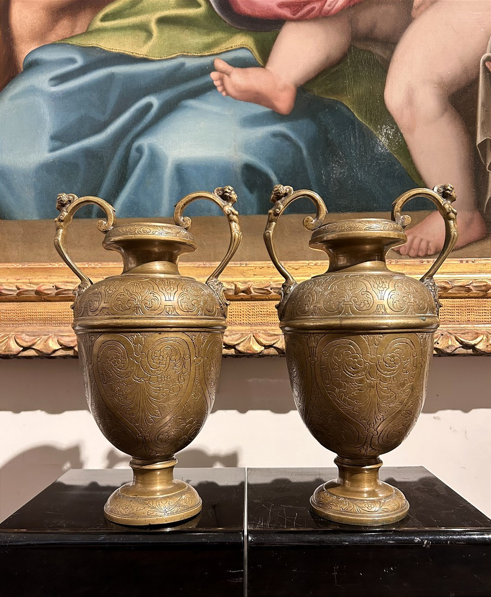 Pair Of Finely Engraved Bronze Vases. Venetian-saracenic Ateliers, 16th Century.