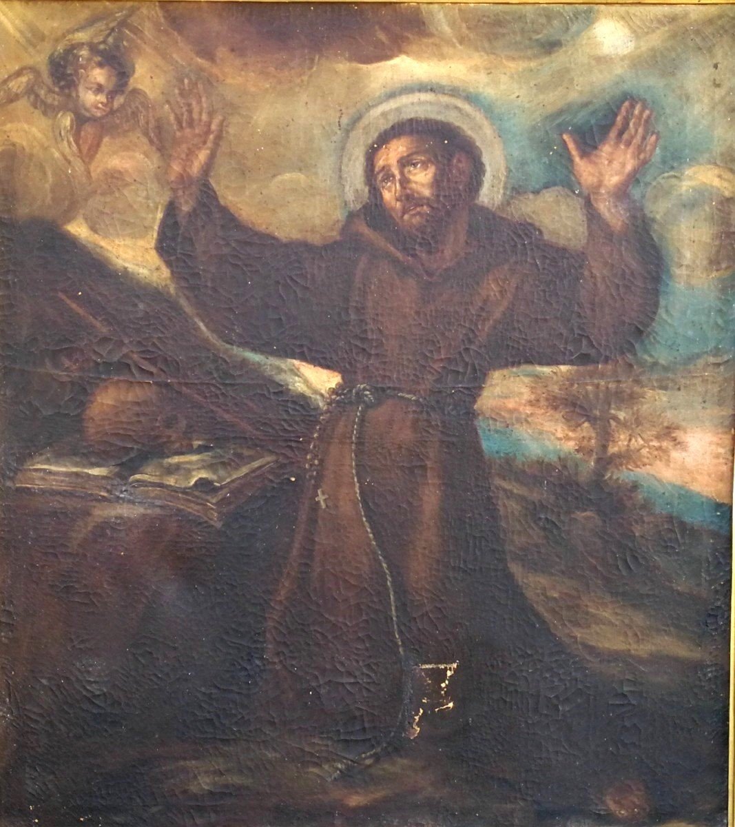 Saint François en extase, Huile sur toile de la 1re moitié du XVIIe siècle, Cadre d'origin.-photo-2