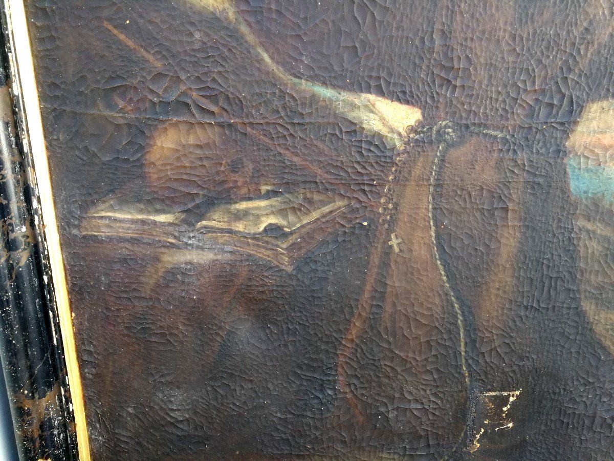 Saint François en extase, Huile sur toile de la 1re moitié du XVIIe siècle, Cadre d'origin.-photo-1
