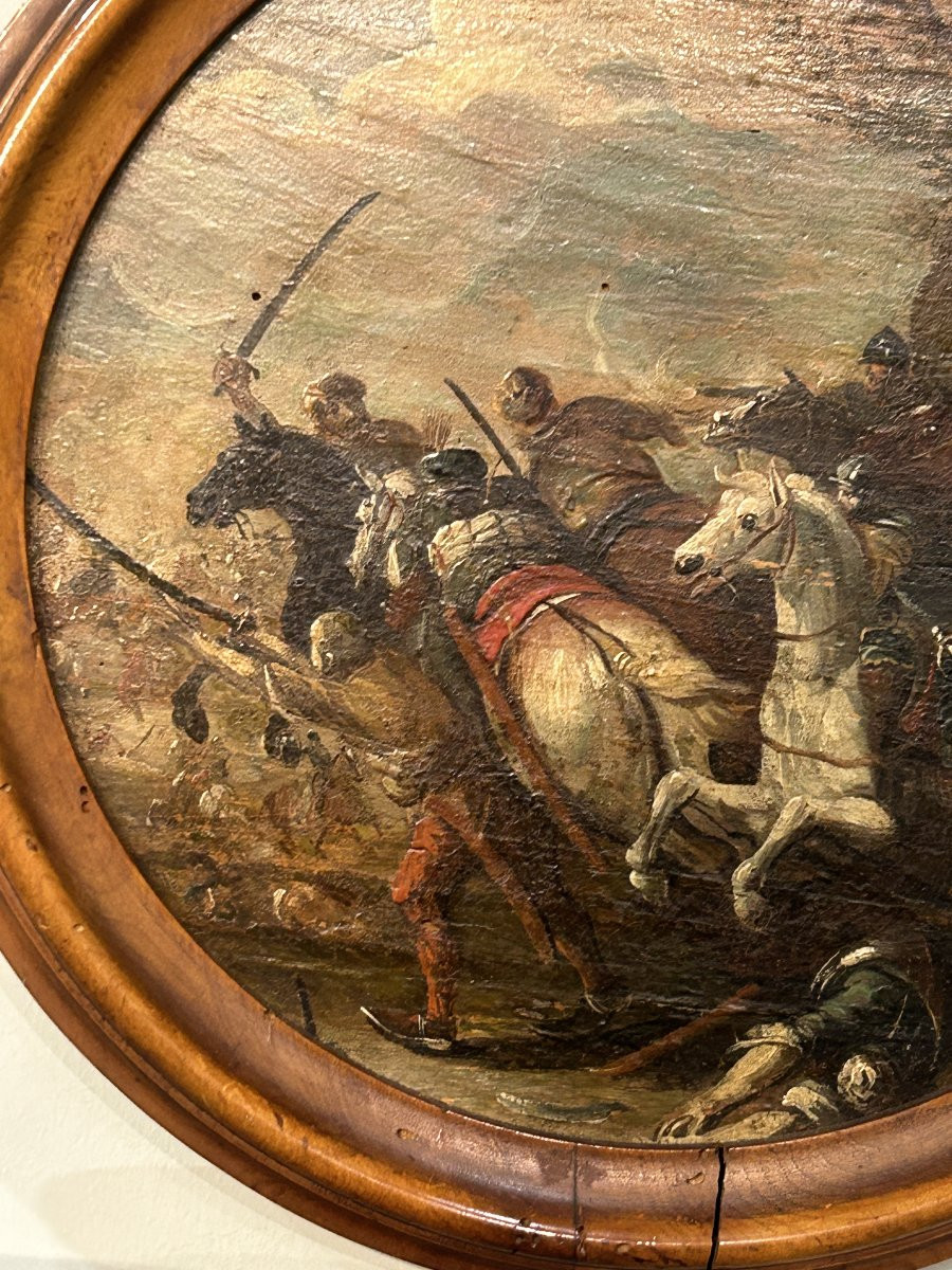 Battle Scene, Oil On Panel On A Boxwood Frame. Northern Italy, 17th Century.-photo-3
