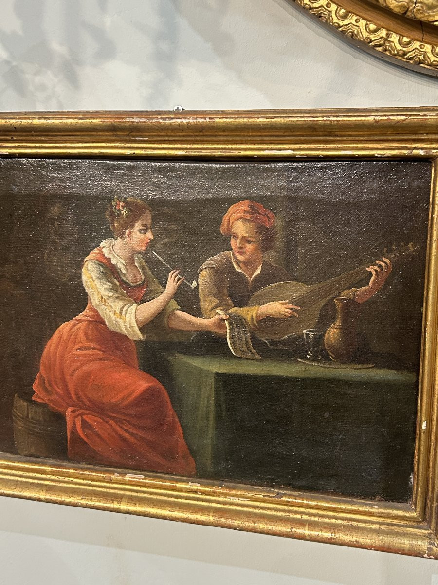 Paire de tableaux représentant des scènes de jeu. École piémontaise, XVIIIe siècle.-photo-1
