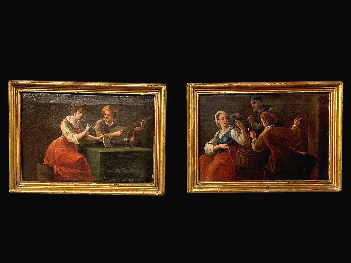 Paire de tableaux représentant des scènes de jeu. École piémontaise, XVIIIe siècle.