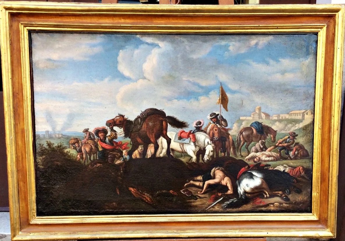 "retreat From Battle", Oil On Canvas From The Early 18th Century With A Contemporary Frame.-photo-3