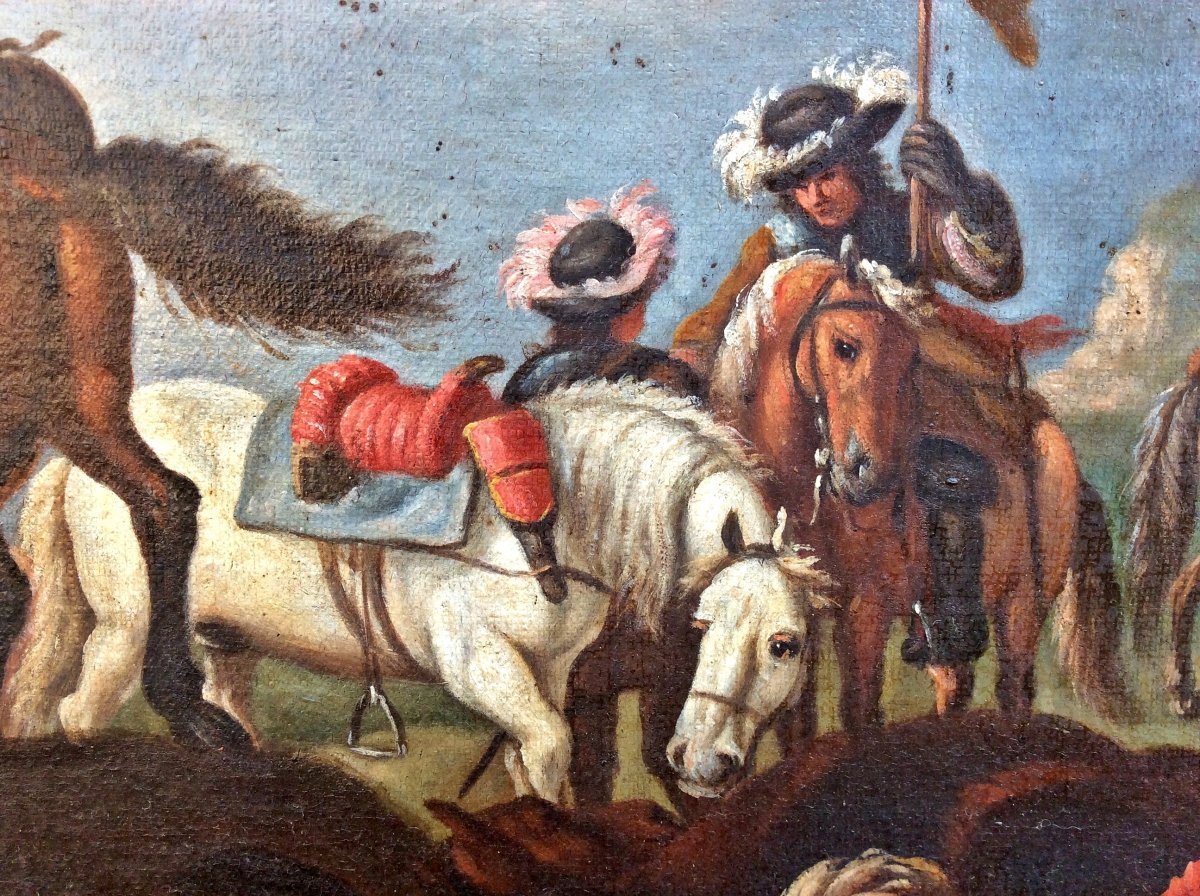"retreat From Battle", Oil On Canvas From The Early 18th Century With A Contemporary Frame.-photo-1