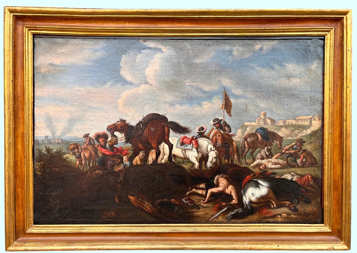 "retreat From Battle", Oil On Canvas From The Early 18th Century With A Contemporary Frame.