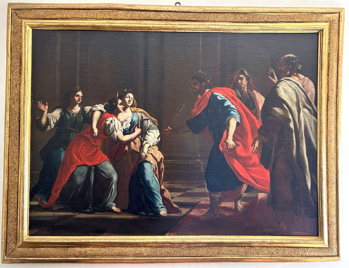 Esther Et Assuero -huile Sur Toile De La  2e Moitié Du XVIIe Siècle. Cadre Romain Sablé Et Dorè
