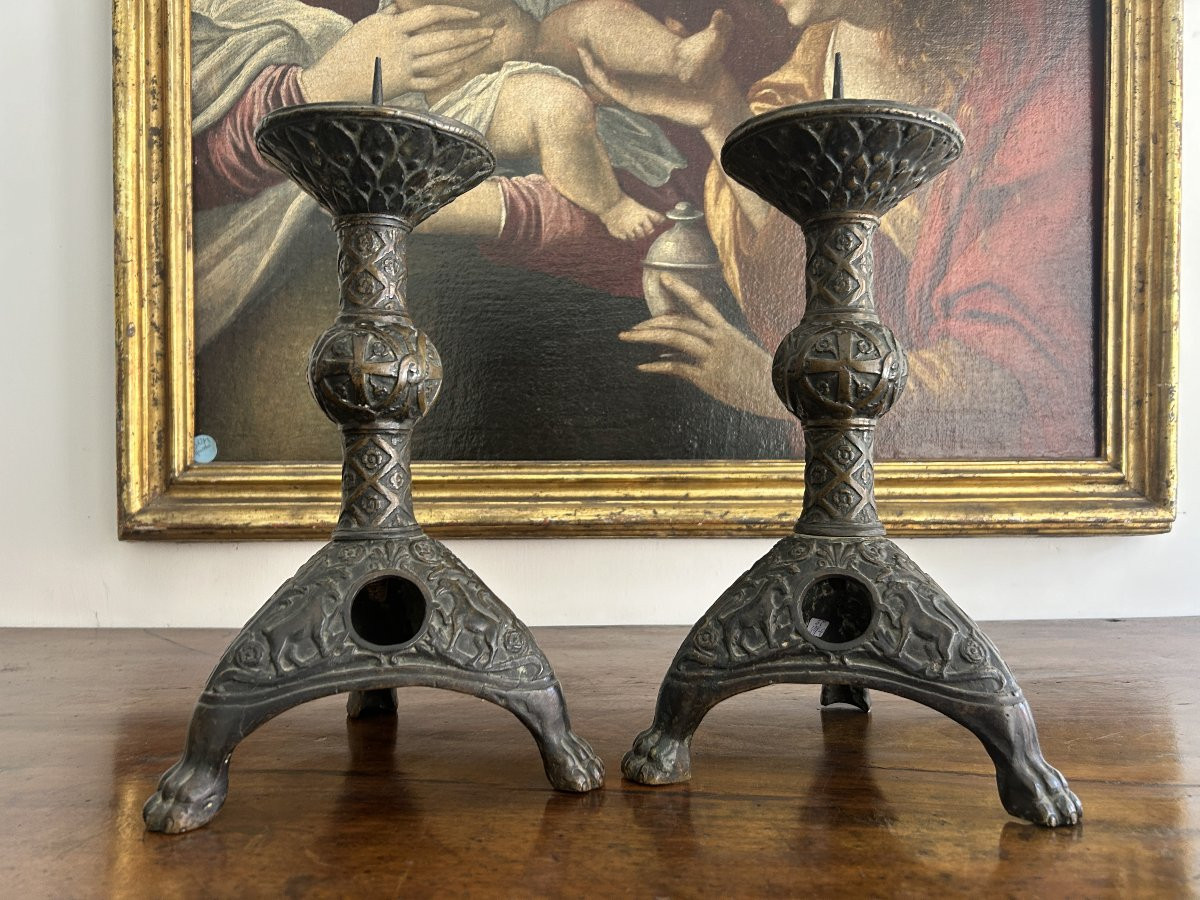 Pair Of Byzantine-style Bronze Candlesticks, XVIIIth C.-photo-2
