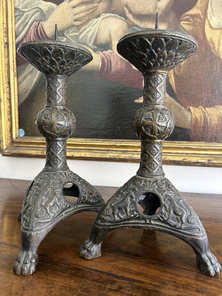 Pair Of Byzantine-style Bronze Candlesticks, XVIIIth C.-photo-3