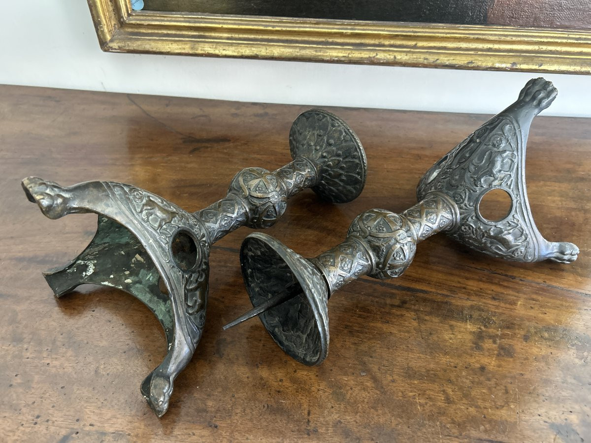Pair Of Byzantine-style Bronze Candlesticks, XVIIIth C.-photo-3