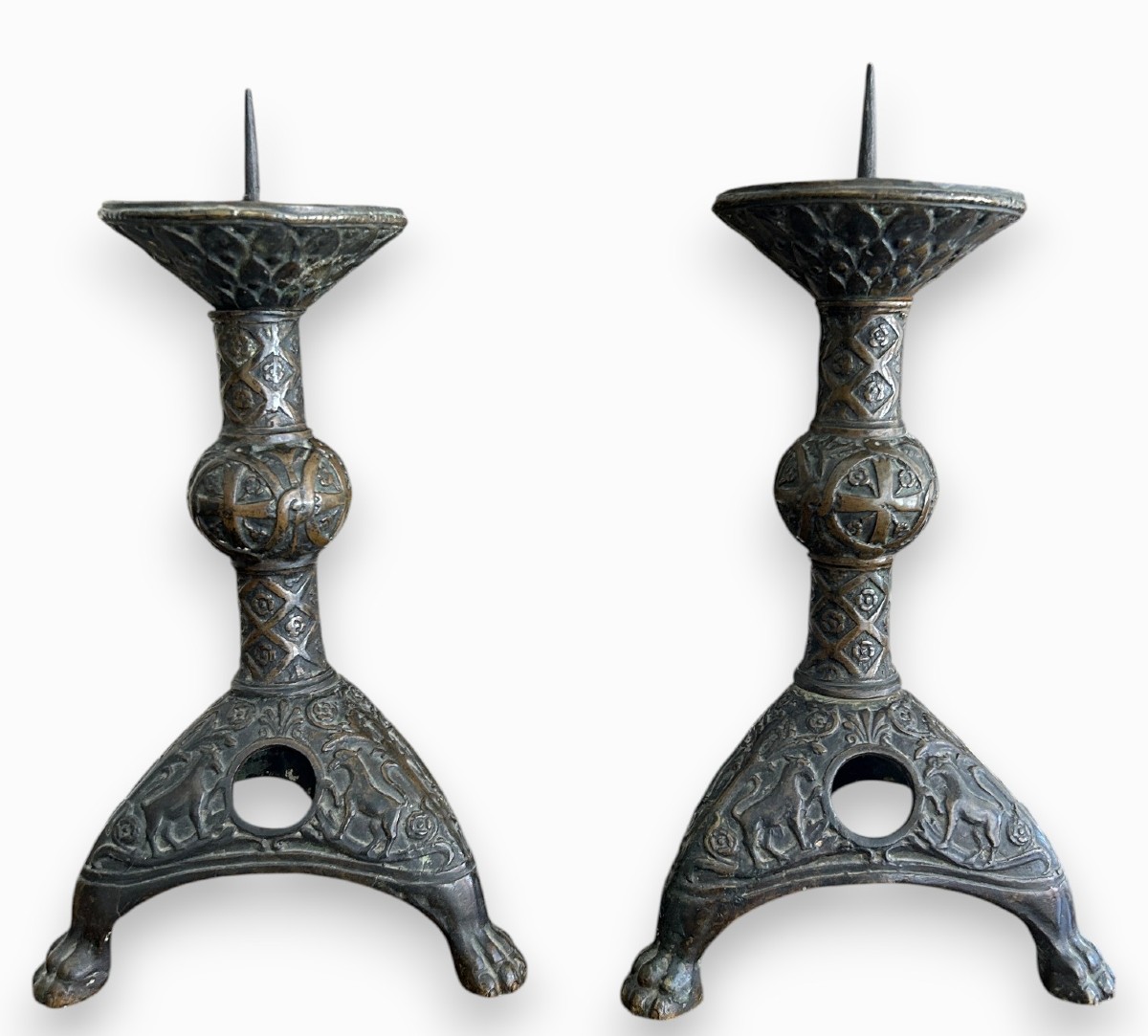 Pair Of Byzantine-style Bronze Candlesticks, XVIIIth C.