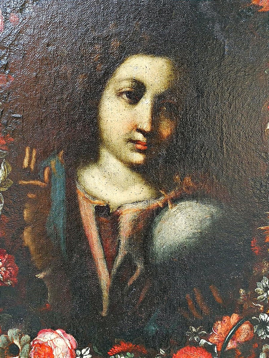  Salvador Mundi Dans Une Guirlande De Fleurs peint par deux peintres, Italie centrale du XVII s-photo-2