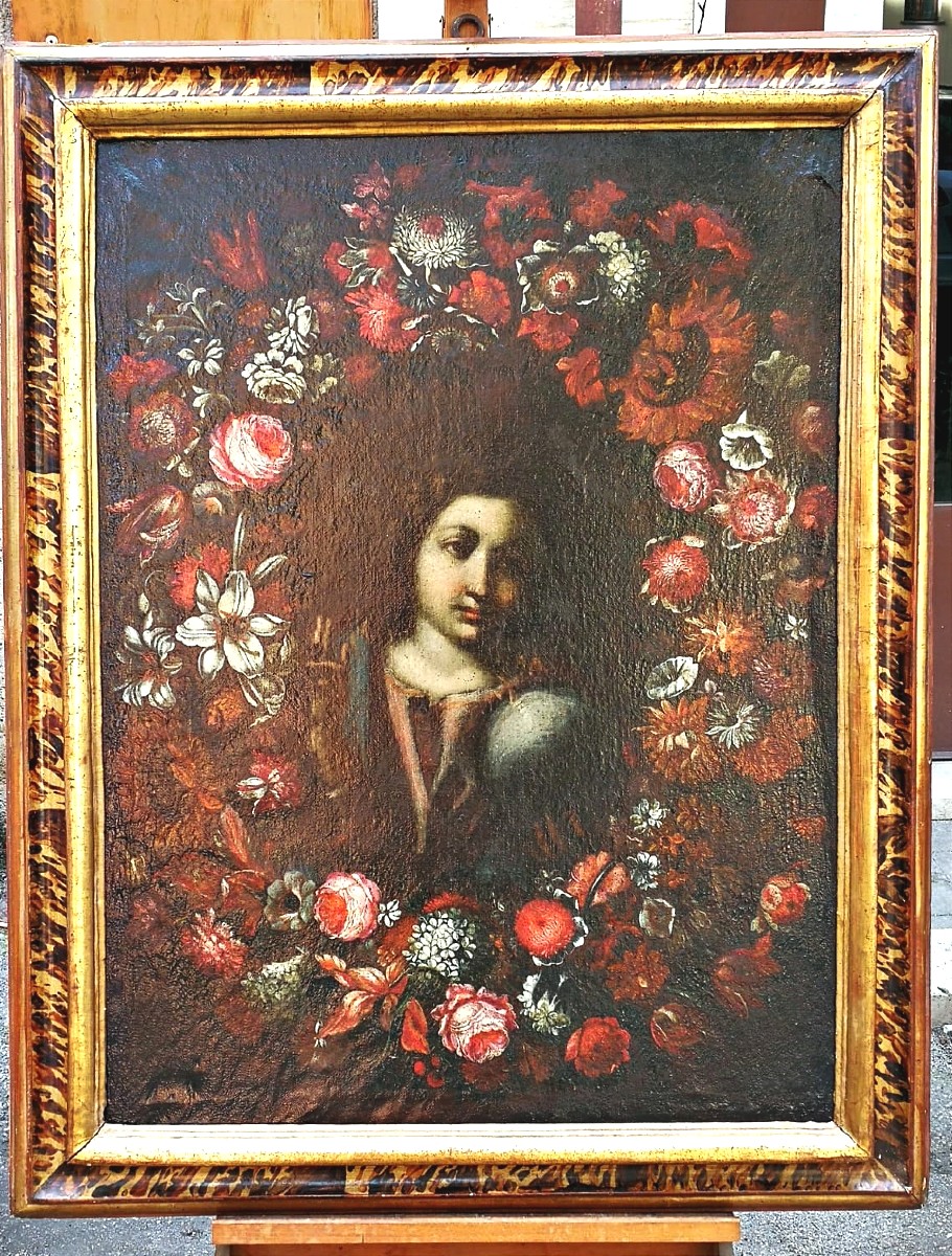  Salvador Mundi Dans Une Guirlande De Fleurs peint par deux peintres, Italie centrale du XVII s