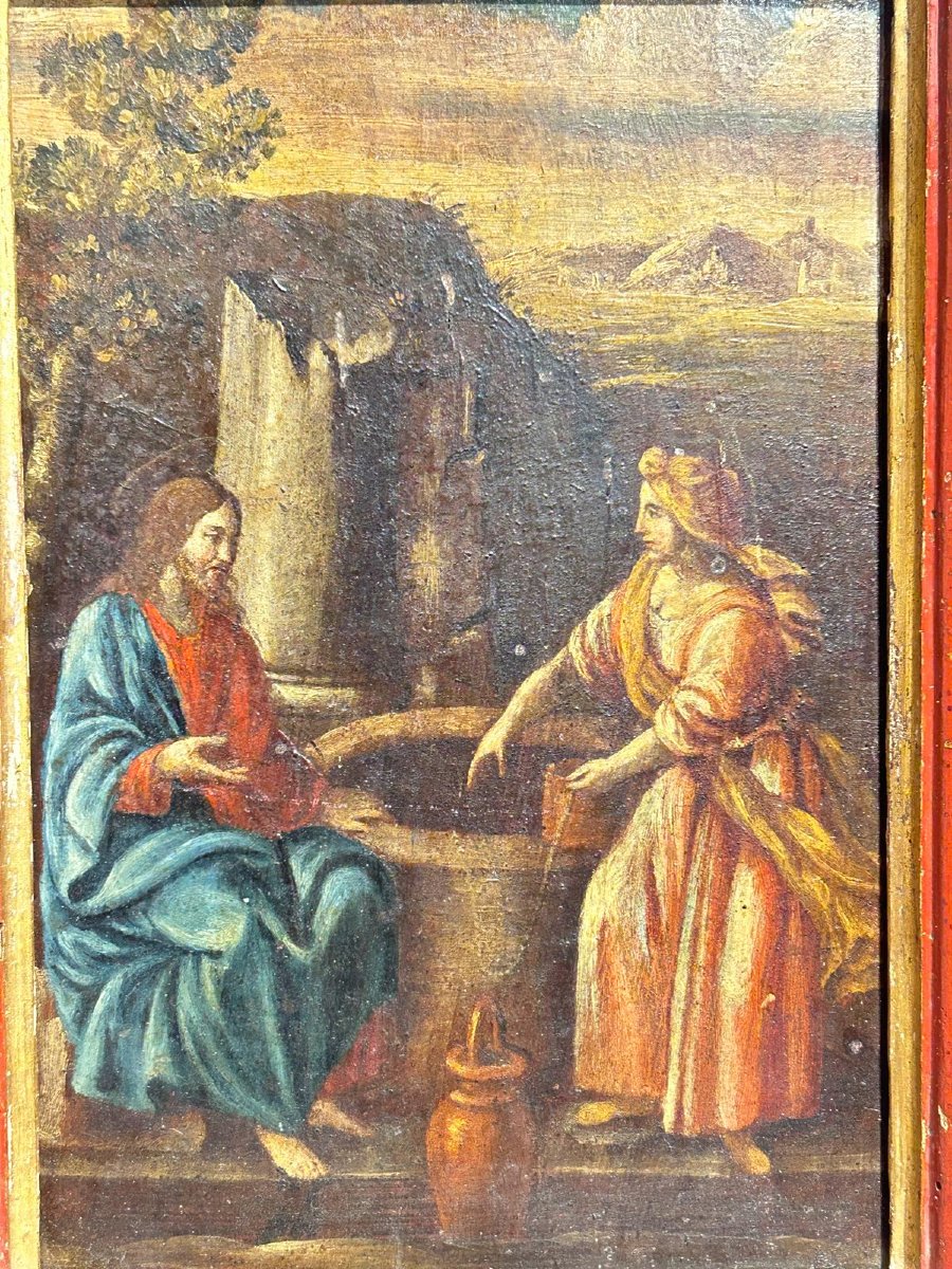 Samaritaine Au Puits, Huile Sur Panneau Première Moitié Du XVIIe Siècle Sur Cadre d'Origine-photo-2