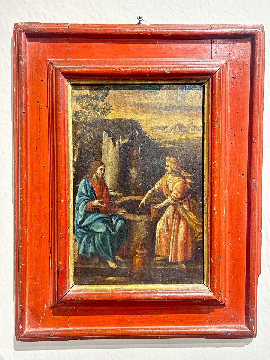 Samaritaine Au Puits, Huile Sur Panneau Première Moitié Du XVIIe Siècle Sur Cadre d'Origine-photo-2