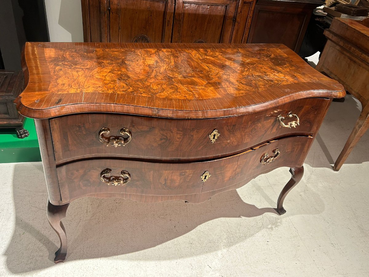 Louis XV-style Carved Chest Of Drawers In Walnut Burl, Ferrara, Mid-18th Century.-photo-1