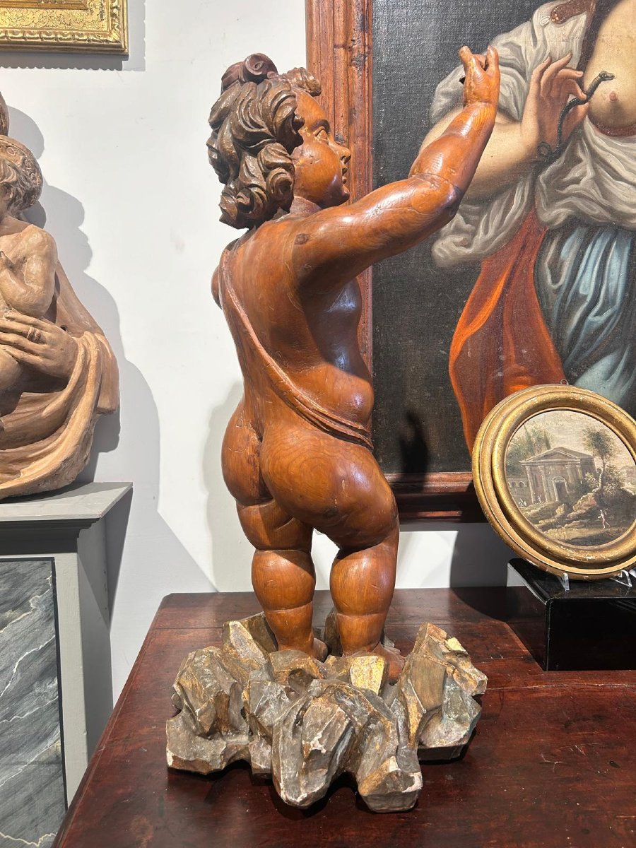 Wooden Sculpture Of A Bacchic Allegory, Carved From Swiss Pine. (72 Cm High)-photo-2