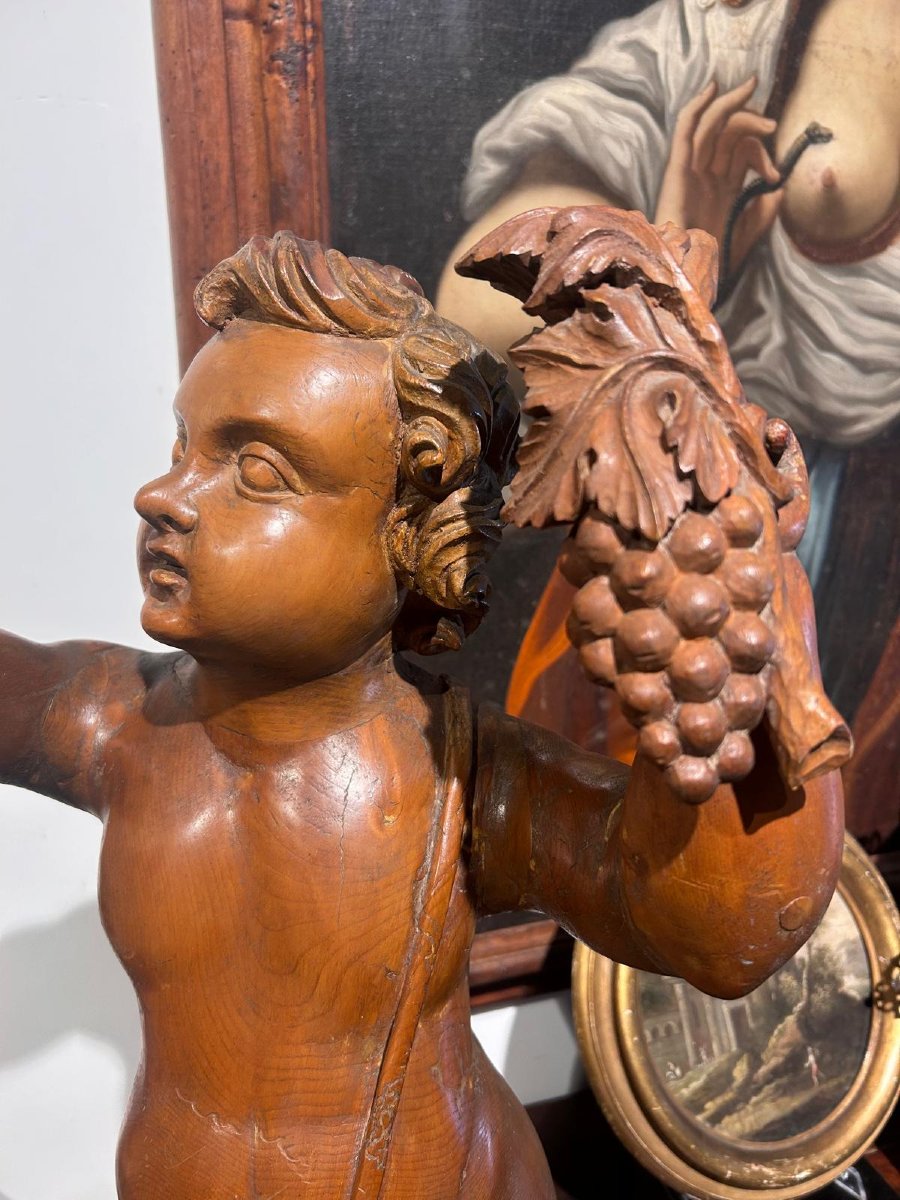 Wooden Sculpture Of A Bacchic Allegory, Carved From Swiss Pine. (72 Cm High)-photo-1