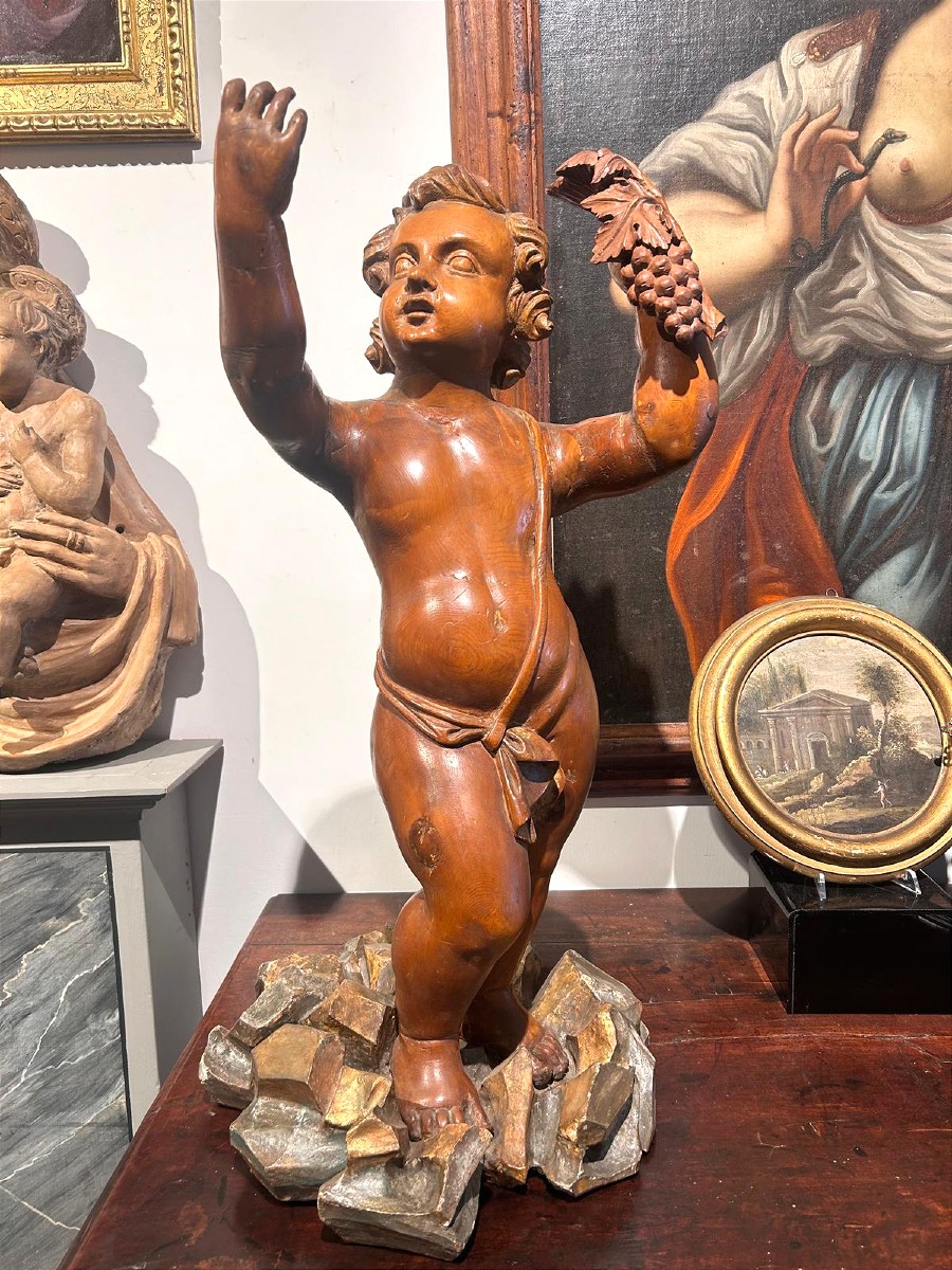 Wooden Sculpture Of A Bacchic Allegory, Carved From Swiss Pine. (72 Cm High)