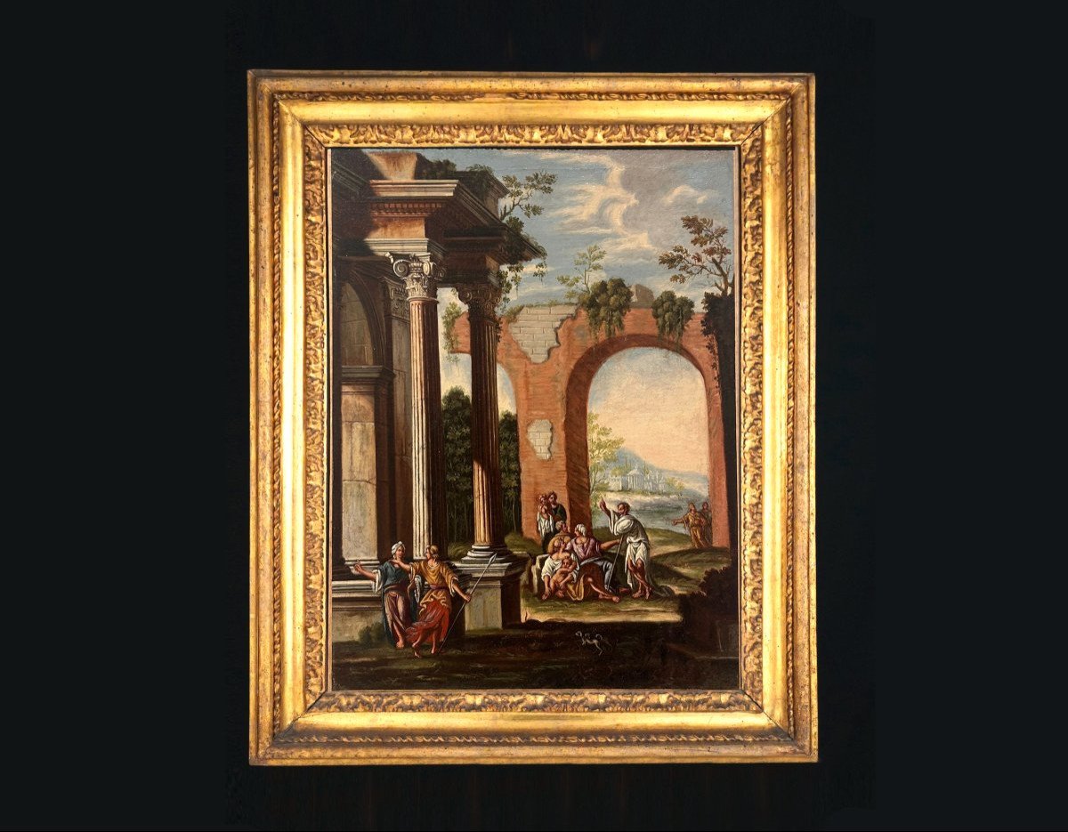 A Pair Of Architectural Caprices Featuring Biblical Scenes And Contemporary Roman Frames.-photo-2