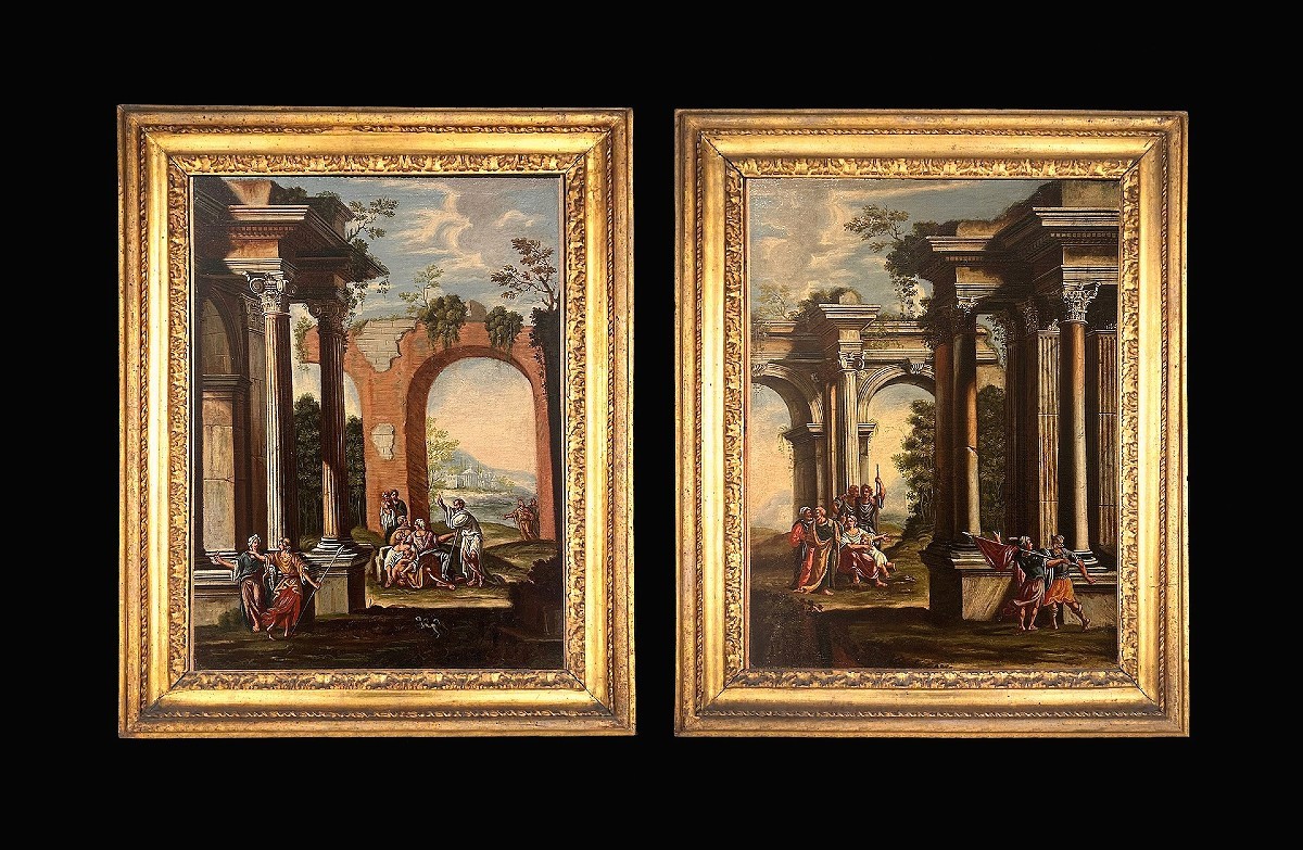A Pair Of Architectural Caprices Featuring Biblical Scenes And Contemporary Roman Frames.