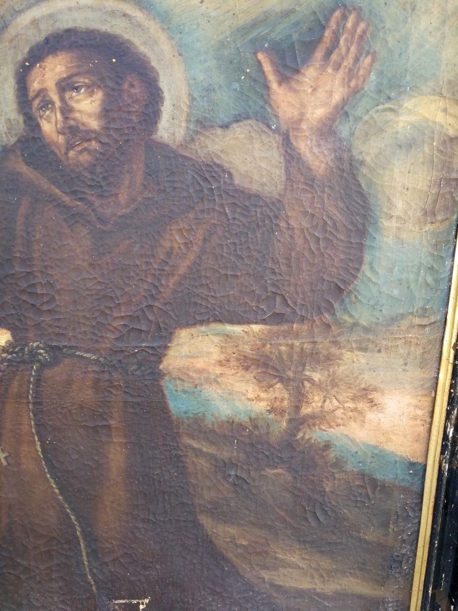 Saint François en extase, Huile sur toile moitié du XVIIe siècle, Cadre d'origin (113x123cm)-photo-2