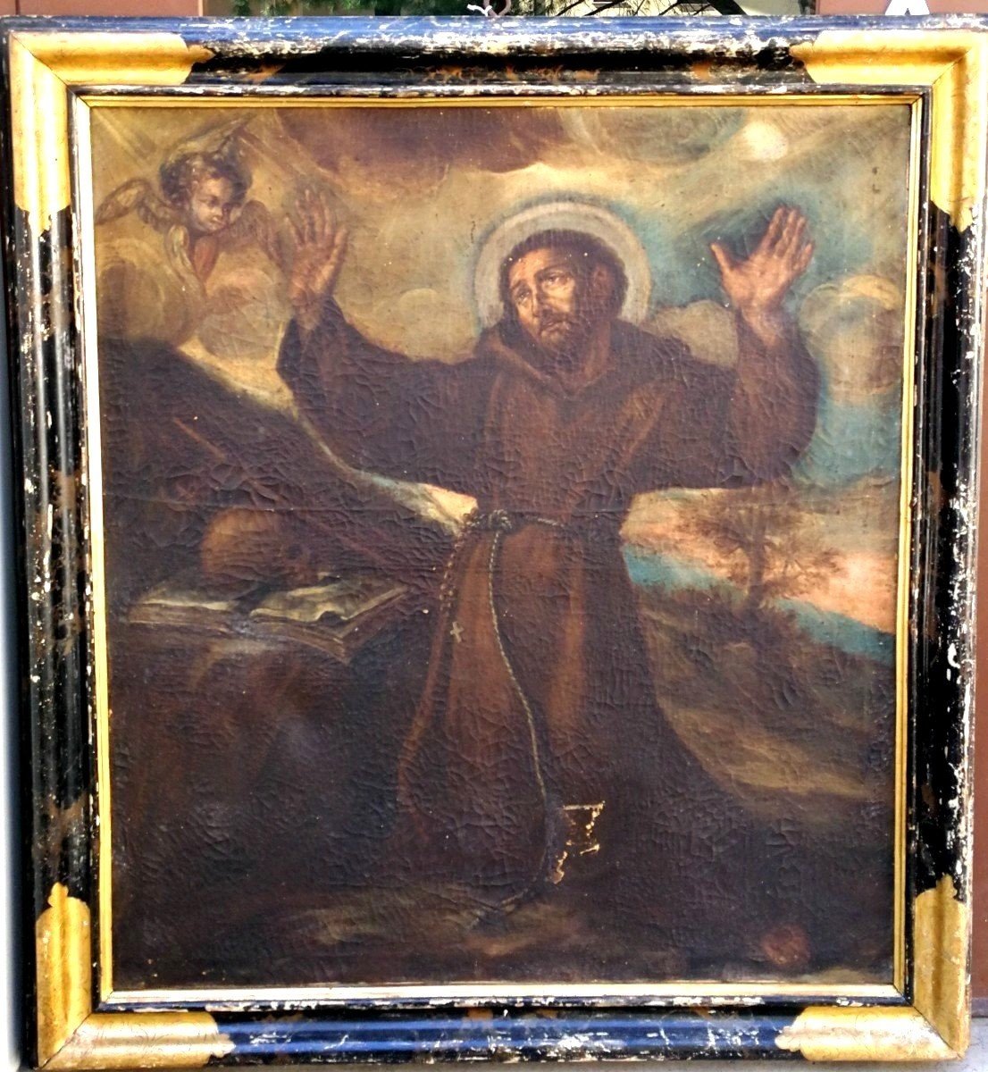 Saint François en extase, Huile sur toile moitié du XVIIe siècle, Cadre d'origin (113x123cm)