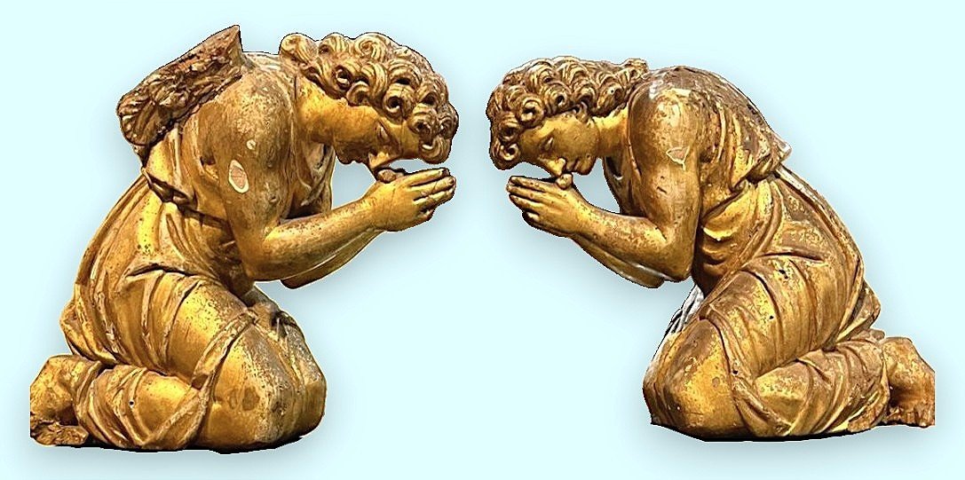Paire d'Anges Agenouillés En Bois Sculpté Et Doré. Italie Centrale Du XVIIeme S.-photo-3