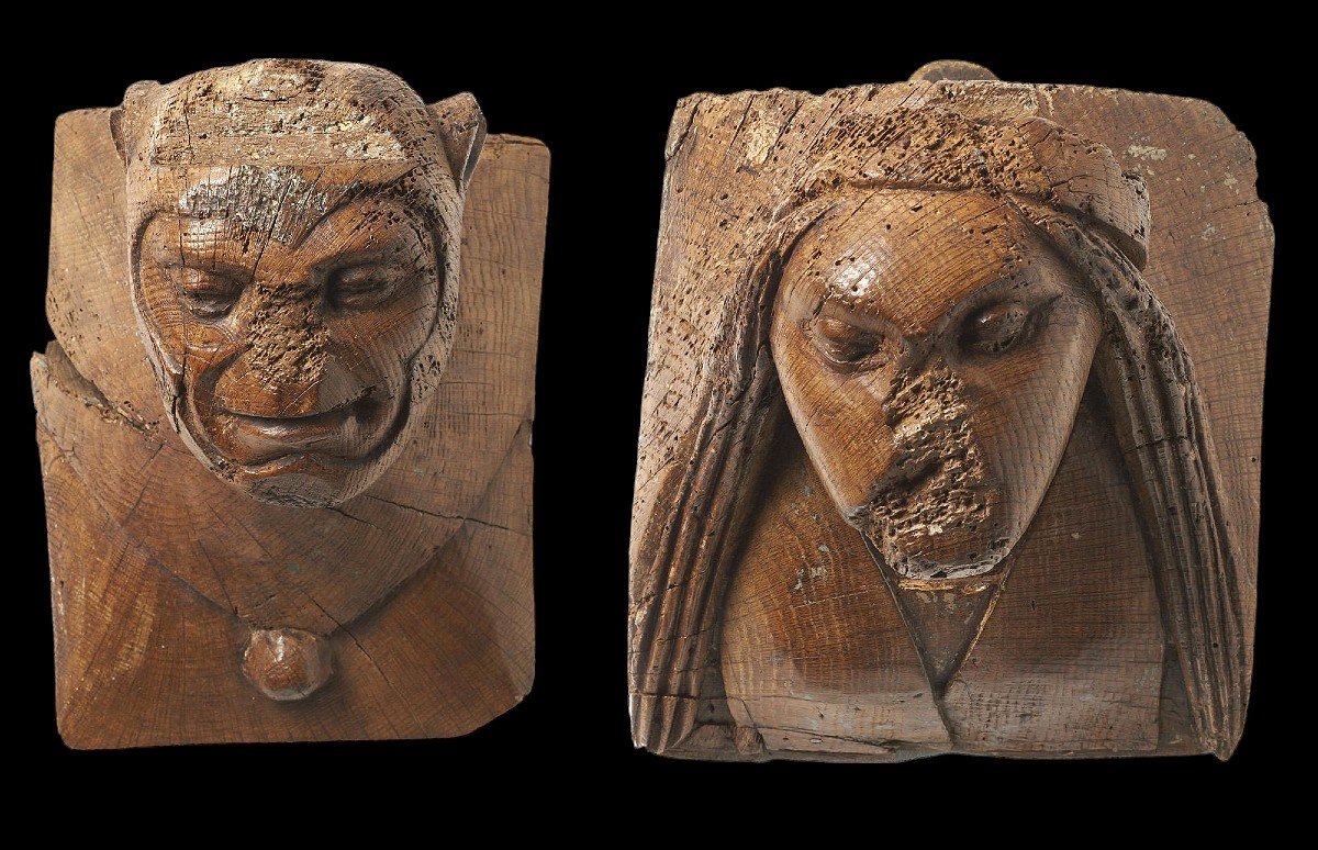 Pair Of Architectural Elements Depicting Fantastical Figures, Nordic Art, 15th–16th Century.