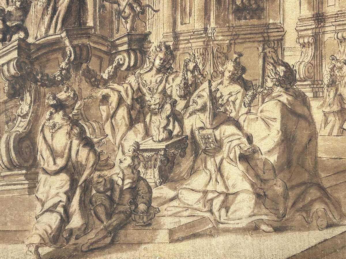 Preparatory Ink Drawing On Paper. 18th-century Northern Quadraturist.-photo-1