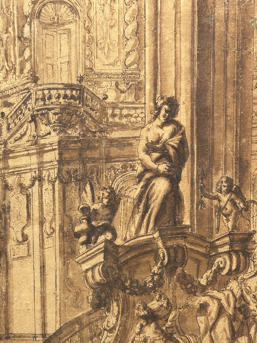 Preparatory Ink Drawing On Paper. 18th-century Northern Quadraturist.-photo-3