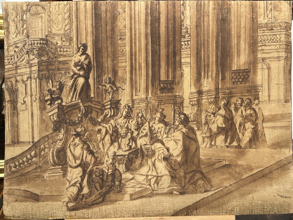 Preparatory Ink Drawing On Paper. 18th-century Northern Quadraturist.