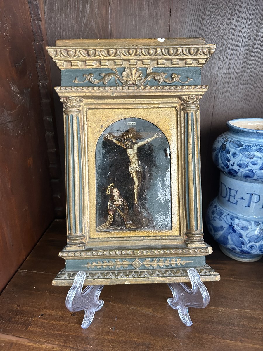 Crucifixion, huile sur cuivre de la fin du XVIe siècle-photo-2