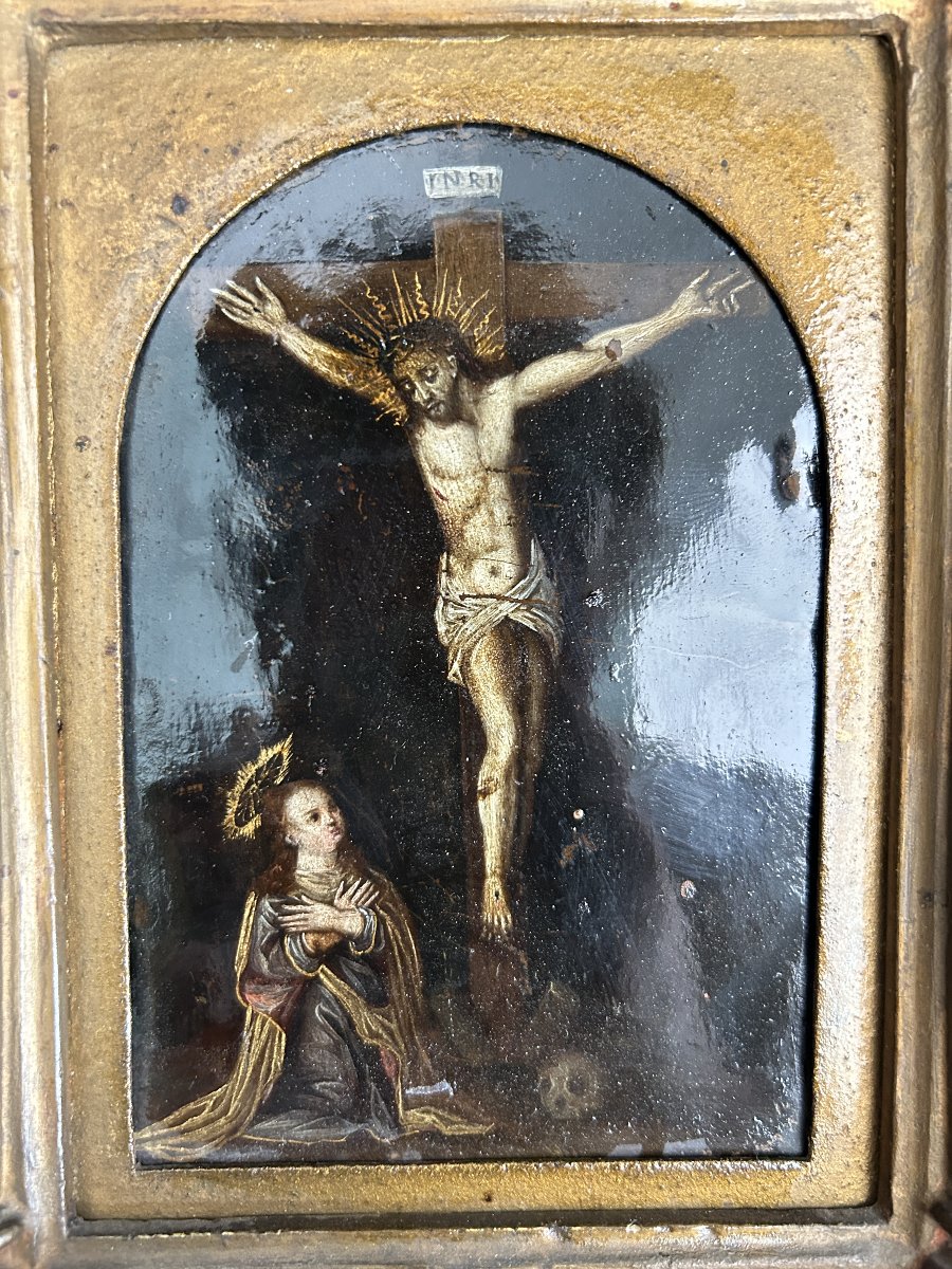 Crucifixion, huile sur cuivre de la fin du XVIe siècle-photo-3