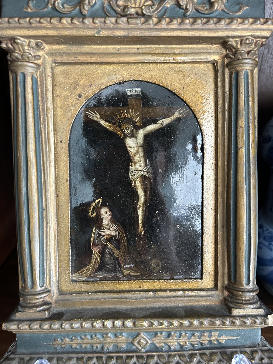 Crucifixion, huile sur cuivre de la fin du XVIe siècle-photo-1