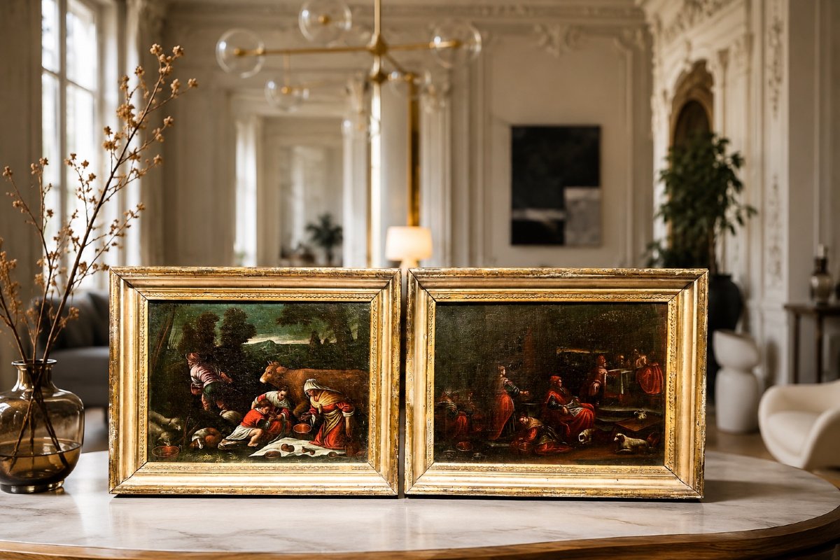 Paire de tableaux de l'école de Bassano dans des cadres anciens