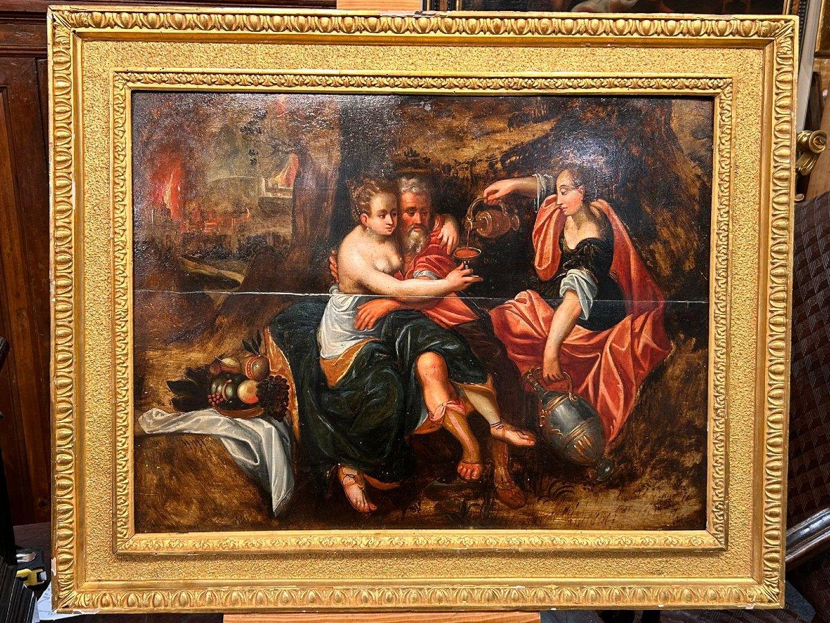 Lot And His Daughters. A Captivating Oil On Panel From The Flemish School, Dating From The Late 16th To Early 17th Century.