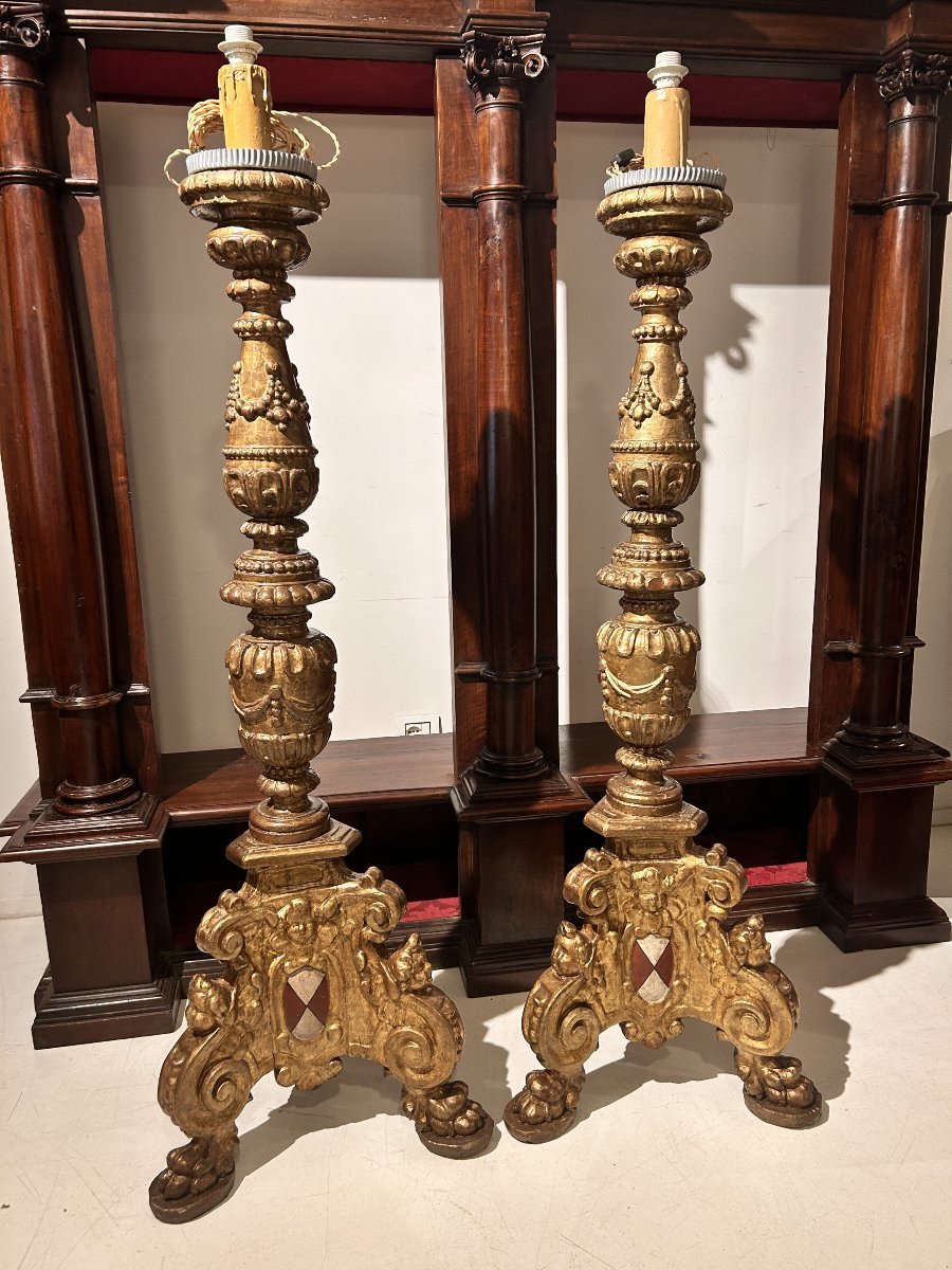 Palace Candlesticks From The Early 17th Century Bearing The Guidi Di Romena Family Coat Of Arms.-photo-3