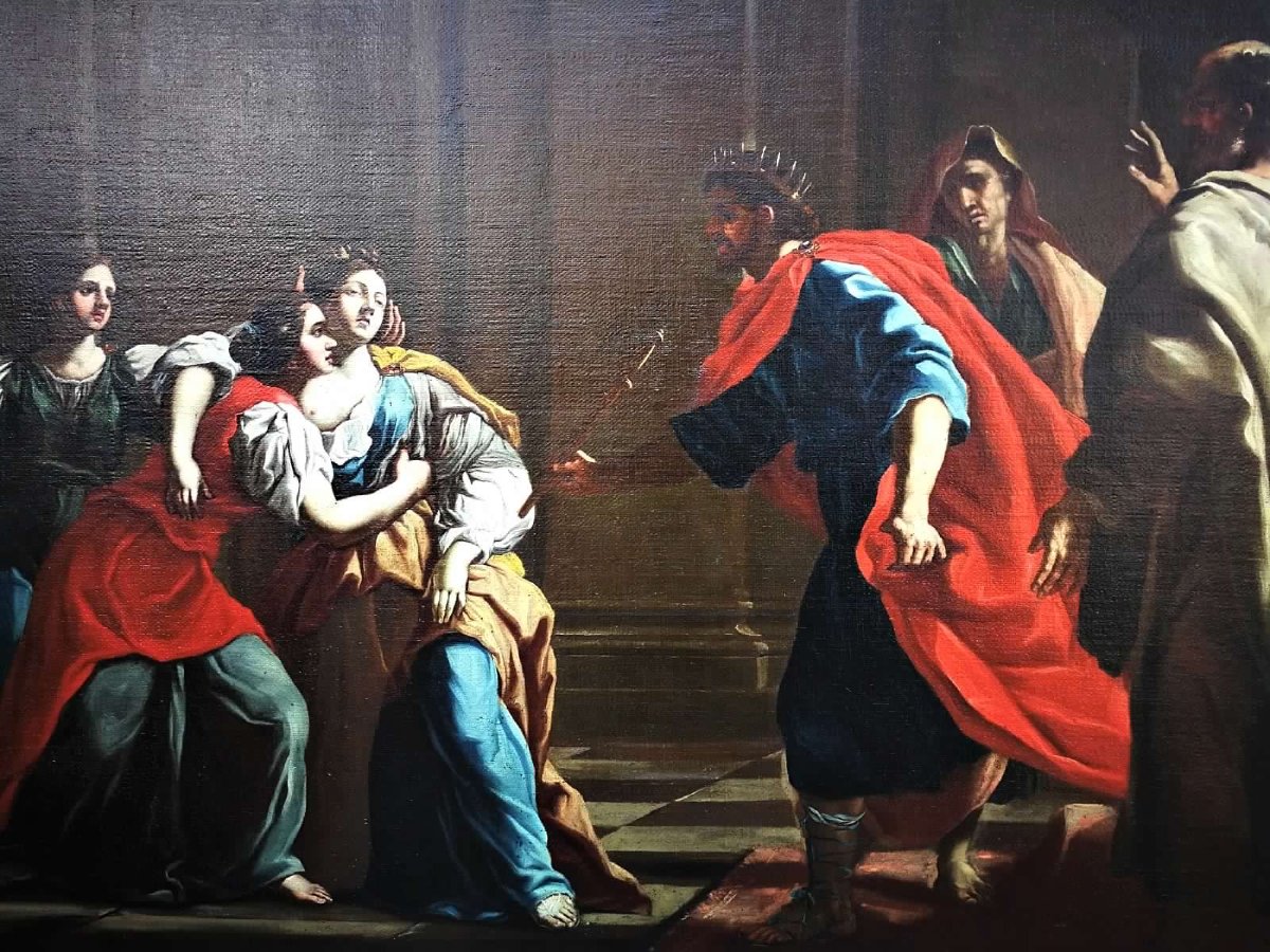 Esther Et Assuero -huile Sur Toile De La  2e Moitié Du XVIIe Siècle. Cadre Romain Sablé Et Dorè-photo-2