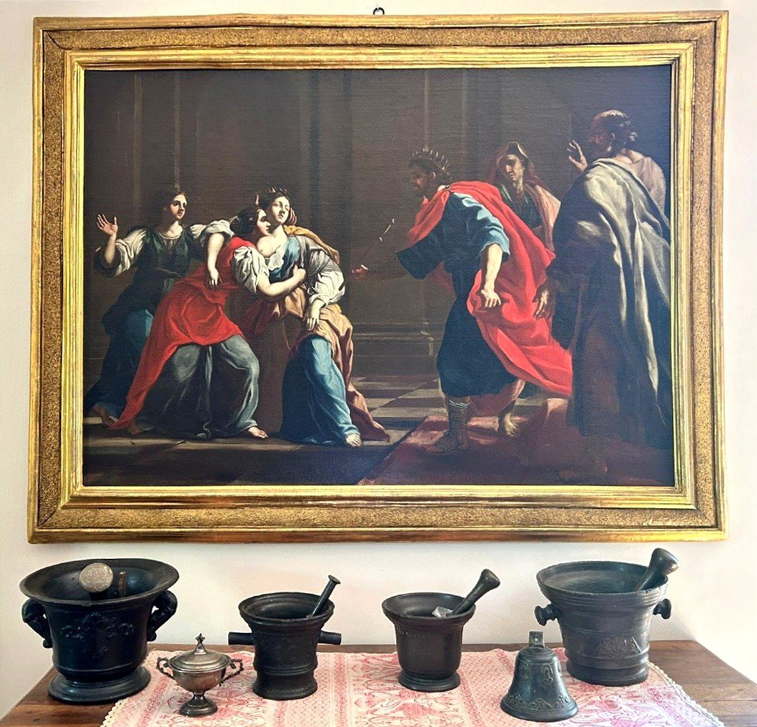 Esther Et Assuero -huile Sur Toile De La  2e Moitié Du XVIIe Siècle. Cadre Romain Sablé Et Dorè-photo-3
