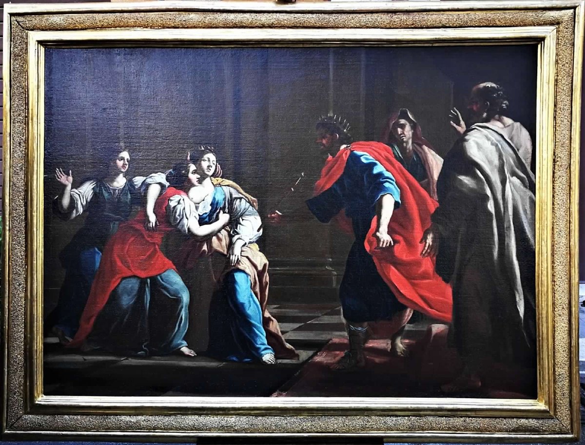 Esther Et Assuero -huile Sur Toile De La  2e Moitié Du XVIIe Siècle. Cadre Romain Sablé Et Dorè-photo-2