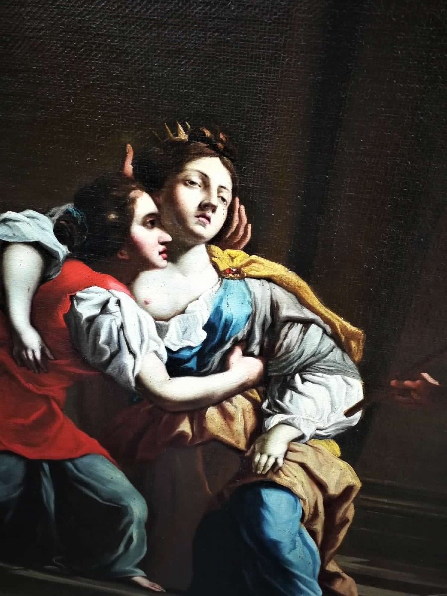 Esther Et Assuero -huile Sur Toile De La  2e Moitié Du XVIIe Siècle. Cadre Romain Sablé Et Dorè-photo-5
