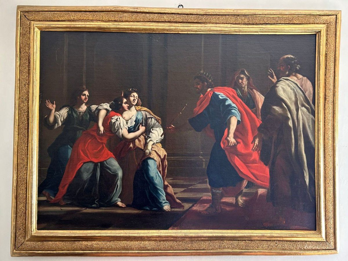 Esther Et Assuero -huile Sur Toile De La  2e Moitié Du XVIIe Siècle. Cadre Romain Sablé Et Dorè