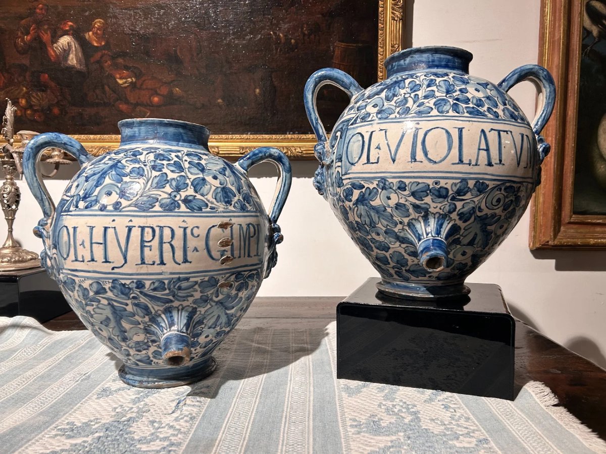 A Pair Of Rare Blue-and-white Double-handled Jars, Deruta, First Half Of The 17th Century.